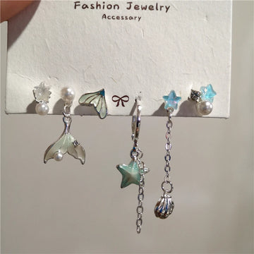 DAIIIBABYYY  -  6PCS SET Fashion Y2K Blue Crystal Star Starfish Shell Pearl Tassel Chain Dangle Earrings Beach Ocean Accessories Gift Women NEW